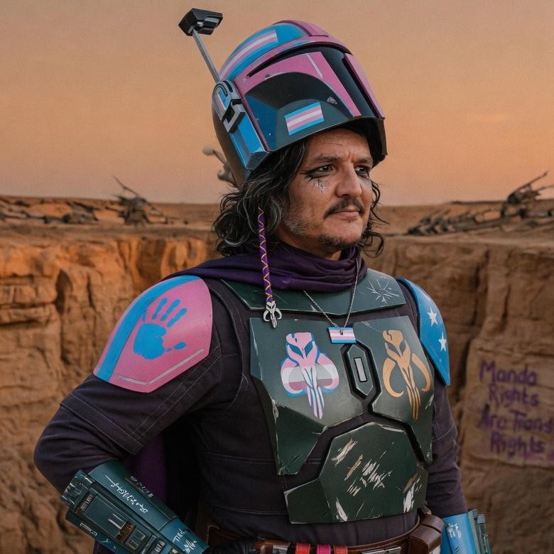 the Transalorian bounty hunter posed in a desert canyon at dusk, helmet bearing a pink, sky-blue, and white heraldic stripe